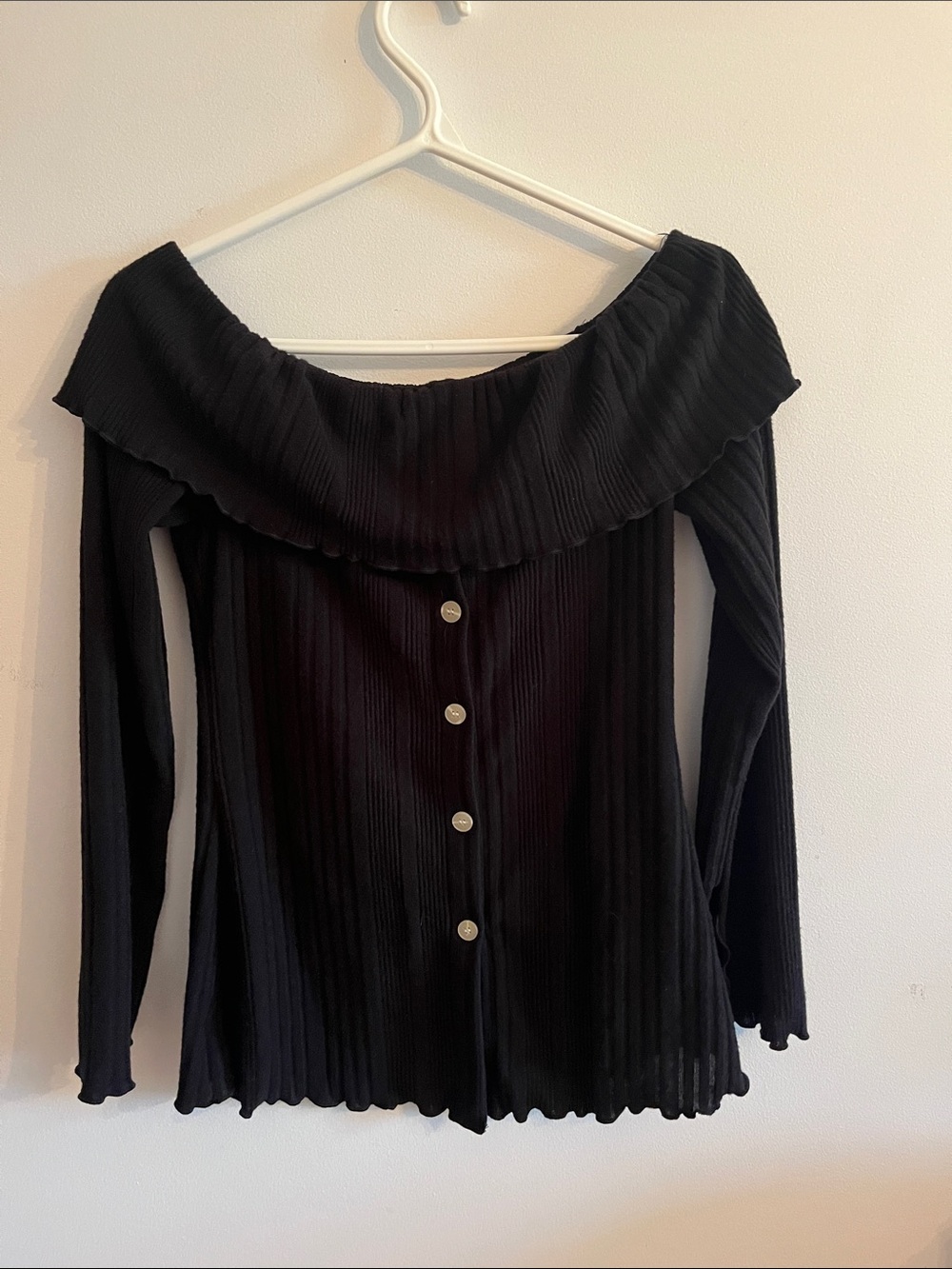Black Off-Shoulder Ribbed Long Sleeve Top
